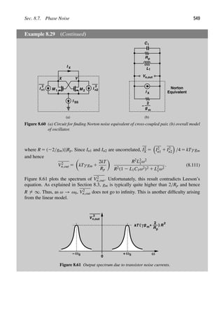 Sec. 8.7. Phase Noise 549
Example 8.29 (Continued)
M
M 1 2
I SS
Y
X
I
2
n2
I
2
n1
I X
(a)
I X
2
g m
−
C1
Rp
L1
Vn,out
Norton
Equivalent
(b)
Figure 8.60 (a) Circuit for ﬁnding Norton noise equivalent of cross-coupled pair, (b) overall model
of oscillator.
where R 5 (22/gm)||Rp. Since In1 and In2 are uncorrelated, I2
X 5

I2
n1 1 I2
n2

/4 5 kTγ gm
and hence
V2
n,out 5

kTγ gm 1
2kT
Rp

R2L2
1ω2
R2(1 2 L1C1ω2)2 1 L2
1ω2
. (8.111)
Figure 8.61 plots the spectrum of V2
n,out. Unfortunately, this result contradicts Leeson’s
equation. As explained in Section 8.3, gm is typically quite higher than 2/Rp and hence
R 5 ∞. Thus, as ω → ω0, V2
n,out does not go to inﬁnity. This is another difﬁculty arising
from the linear model.
ω
V
2
n,out
kT g m
γ
R
2
p
R
2
+
0
ω
+
ω
−
( )
0
0
Figure 8.61 Output spectrum due to transistor noise currents.
 