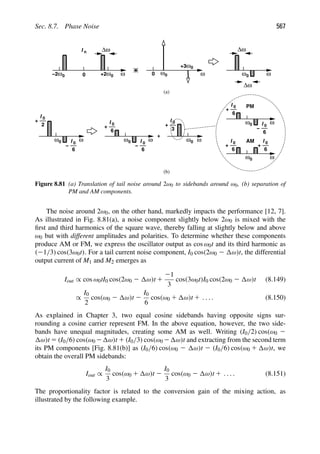 Sec. 8.7. Phase Noise 567
ω0 ω
+2
0
−2ω
Δω
ω0
ω
ω0
+3
0
I n
ω0 ω
Δω
Δω
0
ω0 ω
I
2
0
+
I 0
−
6
ω0 ω
I 0
+
I 0
−
6
6
ω0 ω
I 0
+
3
+
ω0
I 0
+
I 0
−
6
6
PM
ω0
I 0
+
6
ω
ω
AM I 0
+
6
(a)
(b)
Figure 8.81 (a) Translation of tail noise around 2ω0 to sidebands around ω0, (b) separation of
PM and AM components.
The noise around 2ω0, on the other hand, markedly impacts the performance [12, 7].
As illustrated in Fig. 8.81(a), a noise component slightly below 2ω0 is mixed with the
ﬁrst and third harmonics of the square wave, thereby falling at slightly below and above
ω0 but with different amplitudes and polarities. To determine whether these components
produce AM or FM, we express the oscillator output as cos ω0t and its third harmonic as
(21/3) cos(3ω0t). For a tail current noise component, I0 cos(2ω0 2 ω)t, the differential
output current of M1 and M2 emerges as
Iout ∝ cos ω0tI0 cos(2ω0 2 ω)t 1
21
3
cos(3ω0t)I0 cos(2ω0 2 ω)t (8.149)
∝
I0
2
cos(ω0 2 ω)t 2
I0
6
cos(ω0 1 ω)t 1 . . . . (8.150)
As explained in Chapter 3, two equal cosine sidebands having opposite signs sur-
rounding a cosine carrier represent FM. In the above equation, however, the two side-
bands have unequal magnitudes, creating some AM as well. Writing (I0/2) cos(ω0 2
ω)t 5 (I0/6) cos(ω0 2 ω)t 1 (I0/3) cos(ω0 2 ω)t and extracting from the second term
its PM components [Fig. 8.81(b)] as (I0/6) cos(ω0 2 ω)t 2 (I0/6) cos(ω0 1 ω)t, we
obtain the overall PM sidebands:
Iout ∝
I0
3
cos(ω0 1 ω)t 2
I0
3
cos(ω0 2 ω)t 1 . . . . (8.151)
The proportionality factor is related to the conversion gain of the mixing action, as
illustrated by the following example.
 