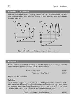 578 Chap. 8. Oscillators
Example 8.41 (Continued)
with time, crossing kπ at t 5 πk/ω1 [Fig. 8.93(a)]. For V2(t), on the other hand, the argu-
ment rises increasingly faster with time, crossing kπ more frequently. Thus, V2(t) appears
as shown in Fig. 8.93(b).
π
2π
π
π
4
3
V (t (
t
t
1
ω1t
ω1
π
2π
π
π
4
3
V (t (
t
t
t
π
π
π
5
6
7
π
8
a
2
2
(a (
) b)
Figure 8.93 (a) Linear and (b) quadratic growth of phase with time.
Example 8.42
Since a sinusoid of constant frequency ω1 can be expressed as V0 cos ω1t, a student
surmises that the output waveform of a VCO can be written as
Vout(t) 5 V0 cos ωoutt (8.166)
5 V0 cos(ω0 1 KVCOVcont)t. (8.167)
Explain why this is incorrect.
Solution:
As an example, suppose Vcont 5 Vm sin ωmt, i.e., the frequency of the oscillator is modu-
lated periodically. Intuitively, we expect the output waveform shown in Fig. 8.94(a), where
the frequency periodically swings between ω0 1 KVCOVm and ω0 2 KVCOVm, i.e., has a
“peak deviation” of ±KVCOVm. However, the student’s expression yields
Vout(t) 5 V0 cos[ω0t 1 KVCOVm(sin ωmt)t]. (8.168)
 