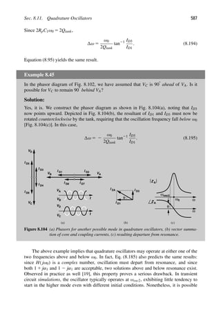 Sec. 8.11. Quadrature Oscillators 587
Since 2RpC1ω0 5 2Qtank,
ω 5
ω0
2Qtank
tan21 ID3
ID1
. (8.194)
Equation (8.95) yields the same result.
Example 8.45
In the phasor diagram of Fig. 8.102, we have assumed that VC is 908 ahead of VA. Is it
possible for VC to remain 908 behind VA?
Solution:
Yes, it is. We construct the phasor diagram as shown in Fig. 8.104(a), noting that ID3
now points upward. Depicted in Fig. 8.104(b), the resultant of ID1 and ID3 must now be
rotated counterclockwise by the tank, requiring that the oscillation frequency fall below ω0
[Fig. 8.104(c)]. In this c