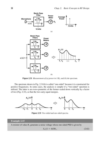 38 Chap. 2. Basic Concepts in RF Design
f
1 Hz
Band−Pass
Power
Microphone
)
(t
x
Filter
10 kHz
Meter
P0
f
Average
Power
10 kHz
f
f1
1 Hz
f
f
1 Hz
2
f
f
1 Hz
f
f2
n
Band−Pass
Filters Power
Meters
f1 fn
)
(
S f
)
(t
x
x
(a)
(b)
Figure 2.31 Measurement of (a) power in 1 Hz, and (b) the spectrum.
The spectrum shown in Fig. 2.31(b) is called “one-sided” because it is constructed for
positive frequencies. In some cases, the analysis is simpler if a “two-sided” spectrum is
utilized. The latter is an even-symmetric of the former scaled down vertically by a factor
of two (Fig. 2.32), so that the two carry equal energies.
f
)
(
S f
f
0 0
f1 f 2
f f1
2 f1 f 2
X
)
(
S f
X
Figure 2.32 Two-sided and one-sided spectra.
Example 2.15
A resistor of value R1 generates a noise voltage whose one-sided PSD is given by
Sv( f) 5 4kTR1, (2.82)
 