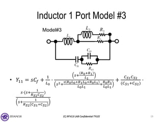 Inductor 1 Port Model #3
• 𝑌11 = 𝑠𝐶𝑓 +
1
𝐿0
⋅
𝑠+
𝑅0+𝑅1
𝐿1
𝑠2+
𝑠 𝑅0 𝐿0+𝑅1 𝐿0+𝑅0 𝐿1
𝐿0 𝐿1
+
𝑅0 𝑅1
𝐿0 𝐿1
+
𝐶 𝑆1 𝐶 𝑆2
(𝐶 𝑆1+𝐶 𝑆2)
⋅
𝑠⋅(𝑠+
1
𝑅 𝑆2 𝐶 𝑆2
)
𝑠+
1
𝑅 𝑆2 𝐶 𝑆1+𝐶 𝑆2
2014/4/18 (C) RFVLSI LAB Confidential TYLEE 19
2R2LModel#3
1SC
5SC
5SR
1R1L
 