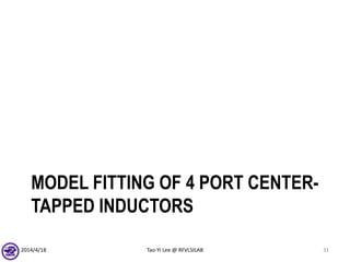 MODEL FITTING OF 4 PORT CENTER-
TAPPED INDUCTORS
2014/4/18 Tao-Yi Lee @ RFVLSILAB 31
 