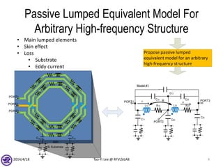 Passive Lumped Equivalent Model For
Arbitrary High-frequency Structure
2014/4/18 Tao-Yi Lee @ RFVLSILAB 4
Propose passive lumped
equivalent model for an arbitrary
high-frequency structure
PORT1 PORT3
C13
C12 C23
C33
C22C11
L12 L23R12 R23
Model #1
PORT2
M
i2i1
PORT1
PORT2
PORT3
Si Substrate
IMD
Cox Cox
• Main lumped elements
• Skin effect
• Loss
• Substrate
• Eddy current
 