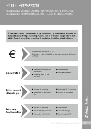 Webmarketer 
N°13 - WEBMARKETER 
RESPONSABLE DU WEBMARKETING, RESPONSABLE DE L’E-MARKETING, 
RESPONSABLE DU MARKETING ON-LINE, CHARGÉ DE WEBMARKETING 
À l’interface entre l’opérationnel et le fonctionnel, le webmarketer travaille sur 
l’ensemble de la stratégie marketing d’un site web. Il doit veiller à augmenter le trafic 
et être force de proposition en matière de marketing stratégique et opérationnel. 
© Apec - Référentiel des métiers cadres de l’Internet 107 
Qui recrute ? 
Jeune diplômé : entre 24 et 35 K€. 
Jeune cadre : entre 35 et 45 K€ (et plus selon expérience et missions 
confiées). 
■ Agences de communication/ 
agences web 
■ Entreprises ayant un site 
marchand 
■ Réseaux sociaux 
■ Sites de e-commerce 
■ Directeur du marketing 
■ Responsable du web marke-ting 
■ Responsable de l’e-commerce 
■ Directeur de la stratégie 
■ Directeur du marketing 
■ Responsable de l’e-commerce 
■ Responsable éditorial web 
■ Traffic analyser 
■ Community manager 
■ Agences de publicité 
 