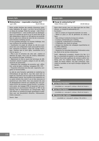WEBMARKETER 
Exemple d’offre 
■ Webmarketeur – responsable e-business H/F 
Lyon (69) 35/45 k€/an 
Notre société distribue des produits d’assurance (auto, 
moto, habitation, RC, santé…) en B to C et en B to B via 
un réseau de courtage. Filiale d’un groupe – coté à l’Euro-list 
Compartiment A – notre société assoit son développe-ment 
sur la qualité de service et sur le savoir-faire de ses 
480 collaborateurs répartis sur 200 agences de proximité. 
Dans le cadre de la refonte de notre site de e-commerce, 
notre direction marketing recrute. 
Si vous souhaitez participer à ce nouveau challenge, nous 
vous confierons les activités suivantes : 
– Coordination du projet de refonte du site de e-com-merce 
dans une configuration multi canal (audit de l’exis-tant, 
expression de besoins, cahier des charges techni-ques, 
interface back et front office, coordination de la 
mise en oeuvre…), 
– Mise à jour et animation des sites web : création et 
rédaction de pages, mise à jour de contenu, élaboration 
des animations de page, formulaires…, 
– Déploiement et mise en oeuvre des techniques de réfé-rencement 
naturel et payant, analyse et suivi du trafic, 
recherche de partenariats, 
– Elaboration des campagnes de promotion web : affilia-tion, 
achat de leads, e-mailings, campagnes CPM / CPC, 
– Proposition d’évolution des sites web : ergonomie, navi-gation 
et fonctionnalités. 
Au delà de votre formation spécialisée en marketing (ou 
informatique) de type Bac+4, vous êtes avant tout un 
expert du e-business et de ses outils et des techniques de 
référencement naturel. Vous justifiez d’une expérience sur 
un poste similaire d’au moins 5 ans et êtes autonome et 
passionné par votre métier. Vous osez proposer des axes 
de développement Internet non exploités pour nous per-mettre 
d’ouvrir de nouveaux champs d’action. La maîtrise, 
entre autres, des langages HTML et javascript, de la pro-grammation 
en environnement Microsoft ou PHP et des 
logiciels Flash et Dreamweaver est indispensable. Nous 
vous offrons un contexte de projets dynamiques et ambi-tieux 
avec une rémunération attractive, intéressement, 
tickets restaurant … 
Source : Apec 
110 © Apec - Référentiel des métiers cadres de l’Internet 
Exemple d’offre 
■ Chargé de webmarketing H/F 
Côtes d’Armor (22) 25/50 k€/an 
Notre client recrute, pour son siège basé dans les Côtes 
d’Armor, un chargé de webmarketing H/F. 
Sa mission : 
– Gérer le contenu et l’ergonomie destinée à la vente. 
– Mettre en place un site de génération de ventes en 
ligne. 
– Data mining et recherche de base de contacts. 
– E-actions commerciales par e-mailing. 
– E-publicité, e-advertorials et e-promotions. 
– E-fidélisation des clients du groupe. 
– Analyser les résultats des campagnes (quantitatives et 
de chiffre d’affaires). 
– E-relations presse. 
– Dispatcher les remontées/descentes d’information entre 
les clients et les services commerciaux. 
Profil : débutant(e) accepté(e), titulaire d’un Bac +3 à 
Bac +5 universitaire de gestion ou de marketing ou d’un 
diplôme d’une école supérieure de commerce option mar-keting 
voire d’un diplôme double marketing et multi-média. 
De nature créative, vous êtes curieux(se), orga-nisé( 
e) et possédez un bon esprit d’analyse rejoignez nos 
équipes. 
Source : Apec 
À voir aussi 
■ Les Fiches Fonctions 
consultables sur : www.apec.fr, rubrique « Marché de l’emploi » 
■ Les Fiches Secteurs 
consultables sur : www.apec.fr, rubrique « Marché de l’emploi » 
■ L’Annuaire des métiers 
consultable sur : www.apec.fr, rubrique « Ma carrière » 
 