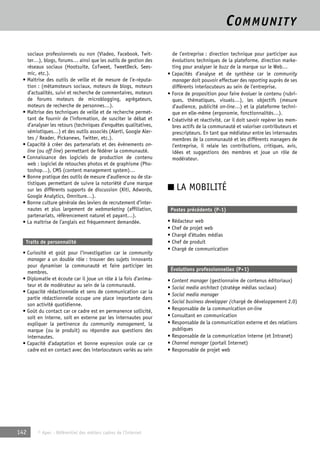 COMMUNITY 
sociaux professionnels ou non (Viadeo, Facebook, Twit-ter…), 
blogs, forums… ainsi que les outils de gestion des 
réseaux sociaux (Hootsuite, CoTweet, TweetDeck, Sees-mic, 
etc.). 
• Maîtrise des outils de veille et de mesure de l’e-réputa-tion 
: (métamoteurs sociaux, moteurs de blogs, moteurs 
d’actualités, suivi et recherche de commentaires, moteurs 
de forums moteurs de microblogging, agrégateurs, 
moteurs de recherche de personnes…). 
• Maîtrise des techniques de veille et de recherche permet-tant 
de fournir de l’information, de susciter le débat et 
d’analyser les retours (techniques d’enquêtes qualitatives, 
sémiotiques…) et des outils associés (Alerti, Google Aler-tes 
/ Reader, Pickanews, Twitter, etc.). 
• Capacité à créer des partenariats et des évènements on-line 
(ou off line) permettant de fédérer la communauté. 
• Connaissance des logiciels de production de contenu 
web : logiciel de retouches photos et de graphisme (Pho-toshop…), 
CMS (content management system)… 
• Bonne pratique des outils de mesure d’audience ou de sta-tistiques 
permettant de suivre la notoriété d’une marque 
sur les différents supports de discussion (Xiti, Adwords, 
Google Analytics, Omniture…). 
• Bonne culture générale des leviers de recrutement d’inter-nautes 
et plus largement de webmarketing (affiliation, 
partenariats, référencement naturel et payant…). 
• La maîtrise de l’anglais est fréquemment demandée. 
Traits de personnalité 
• Curiosité et goût pour l’investigation car le community 
manager a un double rôle : trouver des sujets innovants 
pour dynamiser la communauté et faire participer les 
membres. 
• Diplomatie et écoute car il joue un rôle à la fois d’anima-teur 
et de modérateur au sein de la communauté. 
• Capacité rédactionnelle et sens de communication car la 
partie rédactionnelle occupe une place importante dans 
son activité quotidienne. 
• Goût du contact car ce cadre est en permanence sollicité, 
soit en interne, soit en externe par les internautes pour 
expliquer la pertinence du community management, la 
marque (ou le produit) ou répondre aux questions des 
internautes. 
• Capacité d’adaptation et bonne expression orale car ce 
cadre est en contact avec des interlocuteurs variés au sein 
142 © Apec - Référentiel des métiers cadres de l’Internet 
de l’entreprise : direction technique pour participer aux 
évolutions techniques de la plateforme, direction marke-ting 
pour analyser le buzz de la marque sur le Web… 
• Capacités d’analyse et de synthèse car le community 
manager doit pouvoir effectuer des reporting auprès de ses 
différents interlocuteurs au sein de l’entreprise. 
• Force de proposition pour faire évoluer le contenu (rubri-ques, 
thématiques, visuels…), les objectifs (mesure 
d’audience, publicité on-line…) et la plateforme techni-que 
en elle-même (ergonomie, fonctionnalités…). 
• Créativité et réactivité, car il doit savoir repérer les mem-bres 
actifs de la communauté et valoriser contributeurs et 
prescripteurs. En tant que médiateur entre les internautes 
membres de la communauté et les différents managers de 
l’entreprise, il relaie les contributions, critiques, avis, 
idées et suggestions des membres et joue un rôle de 
modérateur. 
■ LA MOBILITÉ 
Postes précédents (P-1) 
• Rédacteur web 
• Chef de projet web 
• Chargé d’études médias 
• Chef de produit 
• Chargé de communication 
Évolutions professionnelles (P+1) 
• Content manager (gestionnaire de contenus éditoriaux) 
• Social media architect (stratège médias sociaux) 
• Social media manager 
• Social business developper (chargé de développement 2.0) 
• Responsable de la communication on-line 
• Consultant en communication 
• Responsable de la communication externe et des relations 
publiques 
• Responsable de la communication interne (et Intranet) 
• Channel manager (portail Internet) 
• Responsable de projet web 
 