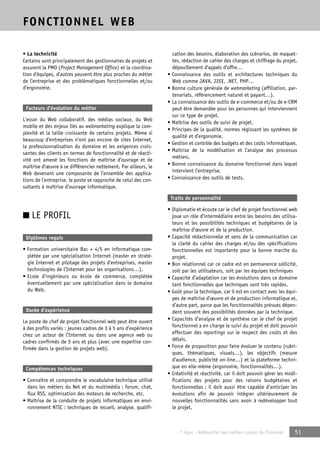 © Apec - Référentiel des métiers cadres de l’Internet 51 
FONCTIONNEL WEB 
• La technicité 
Certains sont principalement des gestionnaires de projets et 
assurent la PMO (Project Management Office) et la coordina-tion 
d’équipes, d’autres peuvent être plus proches du métier 
de l’entreprise et des problématiques fonctionnelles et/ou 
d’ergonomie. 
Facteurs d’évolution du métier 
L’essor du Web collaboratif, des médias sociaux, du Web 
mobile et des enjeux liés au webmarketing explique la com-plexité 
et la taille croissante de certains projets. Même si 
beaucoup d’entreprises n’ont pas encore de sites Internet, 
la professionnalisation du domaine et les exigences crois-santes 
des clients en termes de fonctionnalité et de réacti-vité 
ont amené les fonctions de maîtrise d’ouvrage et de 
maîtrise d’oeuvre à se différencier nettement. Par ailleurs, le 
Web devenant une composante de l’ensemble des applica-tions 
de l’entreprise, le poste se rapproche de celui des con-sultants 
à maîtrise d’ouvrage informatique. 
■ LE PROFIL 
Diplômes requis 
• Formation universitaire Bac + 4/5 en informatique com-plétée 
par une spécialisation Internet (master en straté-gie 
Internet et pilotage des projets d’entreprises, master 
technologies de l’Internet pour les organisations…). 
• Ecole d’ingénieurs ou école de commerce, complétée 
éventuellement par une spécialisation dans le domaine 
du Web. 
Durée d’expérience 
Le poste de chef de projet fonctionnel web peut être ouvert 
à des profils variés : jeunes cadres de 3 à 5 ans d’expérience 
chez un acteur de l’Internet ou dans une agence web ou 
cadres confirmés de 5 ans et plus (avec une expertise con-firmée 
dans la gestion de projets web). 
Compétences techniques 
• Connaître et comprendre le vocabulaire technique utilisé 
dans les métiers du Net et du multimédia : forum, chat, 
flux RSS, optimisation des moteurs de recherche, etc. 
• Maîtrise de la conduite de projets informatiques en envi-ronnement 
NTIC : techniques de recueil, analyse, qualifi-cation 
des besoins, élaboration des scénarios, de maquet-tes, 
rédaction de cahier des charges et chiffrage du projet, 
dépouillement d’appels d’offre… 
• Connaissance des outils et architectures techniques du 
Web comme JAVA, J2EE, .NET, PHP… 
• Bonne culture générale de webmarketing (affiliation, par-tenariats, 
référencement naturel et payant…). 
• La connaissance des outils de e-commerce et/ou de e-CRM 
peut être demandée pour les personnes qui interviennent 
sur ce type de projet. 
• Maîtrise des outils de suivi de projet. 
• Principes de la qualité, normes régissant les systèmes de 
qualité et d’ergonomie. 
• Gestion et contrôle des budgets et des coûts informatiques. 
• Maîtrise de la modélisation et l’analyse des processus 
métiers. 
• Bonne connaissance du domaine fonctionnel dans lequel 
intervient l’entreprise. 
• Connaissance des outils de tests. 
Traits de personnalité 
• Diplomatie et écoute car le chef de projet fonctionnel web 
joue un rôle d’intermédiaire entre les besoins des utilisa-teurs 
et les possibilités techniques et budgétaires de la 
maîtrise d’oeuvre et de la production. 
• Capacité rédactionnelle et sens de la communication car 
la clarté du cahier des charges et/ou des spécifications 
fonctionnelles est importante pour la bonne marche du 
projet. 
• Bon relationnel car ce cadre est en permanence sollicité, 
soit par les utilisateurs, soit par les équipes techniques 
• Capacité d’adaptation car les évolutions dans ce domaine 
tant fonctionnelles que techniques sont très rapides. 
• Goût pour la technique, car il est en contact avec les équi-pes 
de maîtrise d’oeuvre et de production informatique et, 
d’autre part, parce que les fonctionnalités prévues dépen-dent 
souvent des possibilités données par la technique. 
• Capacités d’analyse et de synthèse car le chef de projet 
fonctionnel a en charge le suivi du projet et doit pouvoir 
effectuer des reportings sur le respect des coûts et des 
délais. 
• Force de proposition pour faire évoluer le contenu (rubri-ques, 
thématiques, visuels…), les objectifs (mesure 
d’audience, publicité on-line…) et la plateforme techni-que 
en elle-même (ergonomie, fonctionnalités…). 
• Créativité et réactivité, car il doit pouvoir gérer les modi-fications 
des projets pour des raisons budgétaires et 
fonctionnelles ; il doit aussi être capable d’anticiper les 
évolutions afin de pouvoir intégrer ultérieurement de 
nouvelles fonctionnalités sans avoir à redévelopper tout 
le projet. 
 