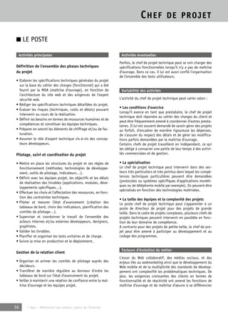 CHEF DE PROJET 
■ LE POSTE 
Activités principales 
Définition de l’ensemble des phases techniques 
du projet 
• Elaborer les spécifications techniques générales du projet 
sur la base du cahier des charges (fonctionnel) qui a été 
fourni par la MOA (maîtrise d’ouvrage), en fonction de 
l’architecture du site web et des exigences de l’expert 
sécurité web. 
• Rédiger les spécifications techniques détaillées du projet. 
• Évaluer les risques (techniques, coûts et délais) pouvant 
intervenir au cours de la réalisation. 
• Définir les besoins en termes de ressources humaines et de 
compétences et constituer les équipes techniques. 
• Préparer en amont les éléments de chiffrage et/ou de fac-turation. 
• Assumer le rôle d’expert technique vis-à-vis des concep-teurs 
développeurs. 
Pilotage, suivi et coordination du projet 
• Mettre en place les structures du projet et ses règles de 
fonctionnement (méthodes, technologies de développe-ment, 
outils de pilotage, indicateurs…). 
• Définir avec les équipes projet, les objectifs et les délais 
de réalisation des livrables (applications, modules, déve-loppements 
spécifiques…). 
• Effectuer les choix et l’affectation des ressources, en fonc-tion 
des contraintes techniques. 
• Piloter et mesurer l’état d’avancement (création des 
tableaux de bord, choix des indicateurs, planification des 
comités de pilotage…). 
• Superviser et coordonner le travail de l’ensemble des 
acteurs internes et/ou externes développeurs, designers, 
graphistes. 
• Valider les livrables. 
• Planifier et organiser les tests unitaires et de charge. 
• Suivre la mise en production et le déploiement. 
Gestion de la relation client 
• Organiser et animer les comités de pilotage auprès des 
décideurs. 
• Transférer de manière régulière au donneur d’ordre les 
tableaux de bord sur l’état d’avancement du projet. 
• Veiller à maintenir une relation de confiance entre la maî-trise 
d’ouvrage et les équipes projet. 
56 © Apec - Référentiel des métiers cadres de l’Internet 
Activités éventuelles 
Parfois, le chef de projet technique peut se voir charger des 
spécifications fonctionnelles lorsqu’il n’y a pas de maîtrise 
d’ouvrage. Dans ce cas, il lui est aussi confié l’organisation 
de l’ensemble des tests utilisateurs. 
Variabilité des activités 
L’activité du chef de projet technique peut varier selon : 
• Les conditions d’exercice 
Lorsqu’il exerce en tant que prestataire, le chef de projet 
technique doit répondre au cahier des charges du client et 
peut être fréquemment amené à coordonner d’autres presta-taires. 
Il lui est souvent demandé de savoir gérer des projets 
au forfait, d’encadrer de manière rigoureuse les dépenses, 
de s’assurer du respect des délais et de gérer les modifica-tions 
parfois demandées par la maîtrise d’ouvrage. 
Certains chefs de projet travaillent en indépendant, ce qui 
les oblige à consacrer une partie de leur temps à des activi-tés 
commerciales et de gestion. 
• La spécialisation 
Le chef de projet technique peut intervenir dans des sec-teurs 
très particuliers et très pointus dans lequel les compé-tences 
techniques particulières peuvent être demandées 
(protocoles ou systèmes spécifiques d’applications monéti-ques 
ou de téléphonie mobile par exemple). Ils peuvent être 
spécialisés en fonction des technologies maîtrisées. 
• La taille des équipes et la complexité des projets 
Le poste chef de projet technique peut s’apparenter à un 
poste de directeur de projet pour des projets de grande 
taille. Dans le cadre de projets complexes, plusieurs chefs de 
projets techniques peuvent intervenir en parallèle en fonc-tion 
de leur domaine de compétence. 
A contrario pour des projets de petite taille, le chef de pro-jet 
peut être amené à participer au développement et au 
codage des programmes. 
Facteurs d’évolution du métier 
L’essor du Web collaboratif, des médias sociaux, et des 
enjeux liés au webmarketing ainsi que le développement du 
Web mobile et de la multiplicité des standards de dévelop-pement 
ont complexifié les problématiques techniques. De 
plus, les exigences croissantes des clients en termes de 
fonctionnalité et de réactivité ont amené les fonctions de 
maîtrise d’ouvrage et de maîtrise d’oeuvre à se différencier 
 