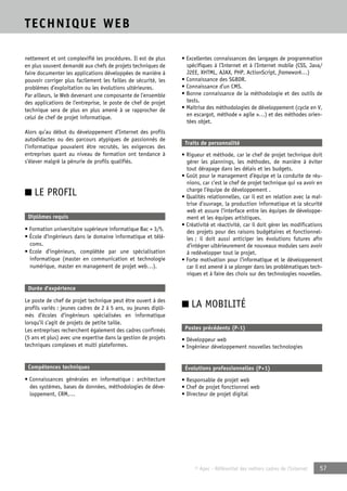 © Apec - Référentiel des métiers cadres de l’Internet 57 
TECHNIQUE WEB 
nettement et ont complexifié les procédures. Il est de plus 
en plus souvent demandé aux chefs de projets techniques de 
faire documenter les applications développées de manière à 
pouvoir corriger plus facilement les failles de sécurité, les 
problèmes d’exploitation ou les évolutions ultérieures. 
Par ailleurs, le Web devenant une composante de l’ensemble 
des applications de l’entreprise, le poste de chef de projet 
technique sera de plus en plus amené à se rapprocher de 
celui de chef de projet informatique. 
Alors qu’au début du développement d’Internet des profils 
autodidactes ou des parcours atypiques de passionnés de 
l’informatique pouvaient être recrutés, les exigences des 
entreprises quant au niveau de formation ont tendance à 
s’élever malgré la pénurie de profils qualifiés. 
■ LE PROFIL 
Diplômes requis 
• Formation universitaire supérieure informatique Bac + 3/5. 
• École d’ingénieurs dans le domaine informatique et télé-coms. 
• Ecole d’ingénieurs, complétée par une spécialisation 
informatique (master en communication et technologie 
numérique, master en management de projet web…). 
Durée d’expérience 
Le poste de chef de projet technique peut être ouvert à des 
profils variés : jeunes cadres de 2 à 5 ans, ou jeunes diplô-més 
d’écoles d’ingénieurs spécialisées en informatique 
lorsqu’il s’agit de projets de petite taille. 
Les entreprises recherchent également des cadres confirmés 
(5 ans et plus) avec une expertise dans la gestion de projets 
techniques complexes et multi plateformes. 
Compétences techniques 
• Connaissances générales en informatique : architecture 
des systèmes, bases de données, méthodologies de déve-loppement, 
CRM,… 
• Excellentes connaissances des langages de programmation 
spécifiques à l’Internet et à l’Internet mobile (CSS, Java/ 
J2EE, XHTML, AJAX, PHP, ActionScript, framework…) 
• Connaissance des SGBDR. 
• Connaissance d’un CMS. 
• Bonne connaissance de la méthodologie et des outils de 
tests. 
• Maîtrise des méthodologies de développement (cycle en V, 
en escargot, méthode « agile »…) et des méthodes orien-tées 
objet. 
Traits de personnalité 
• Rigueur et méthode, car le chef de projet technique doit 
gérer les plannings, les méthodes, de manière à éviter 
tout dérapage dans les délais et les budgets. 
• Goût pour le management d’équipe et la conduite de réu-nions, 
car c’est le chef de projet technique qui va avoir en 
charge l’équipe de développement . 
• Qualités relationnelles, car il est en relation avec la maî-trise 
d’ouvrage, la production informatique et la sécurité 
web et assure l’interface entre les équipes de développe-ment 
et les équipes artistiques. 
• Créativité et réactivité, car il doit gérer les modifications 
des projets pour des raisons budgétaires et fonctionnel-les 
; il doit aussi anticiper les évolutions futures afin 
d’intégrer ultérieurement de nouveaux modules sans avoir 
à redévelopper tout le projet. 
• Forte motivation pour l’informatique et le développement 
car il est amené à se plonger dans les problématiques tech-niques 
et à faire des choix sur des technologies nouvelles. 
■ LA MOBILITÉ 
Postes précédents (P-1) 
• Développeur web 
• Ingénieur développement nouvelles technologies 
Évolutions professionnelles (P+1) 
• Responsable de projet web 
• Chef de projet fonctionnel web 
• Directeur de projet digital 
 