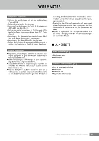 WEBMASTER 
© Apec - Référentiel des métiers cadres de l’Internet 69 
Compétences techniques 
• Maîtrise des architectures web et des problématiques 
d’accessibilité. 
• Notions de sécurisation des contenus. 
• Bonne maîtrise de langages et d’outils de développement 
(NET, J2EE, SQL, JSP, XSLT..). 
• Maîtrise des outils bureautiques et d’édition web (HTML, 
JavaScript, Flash, dreamweaver, Visual Basic, PHP, Photo-shop…). 
• Connaissance des réseaux sociaux, des techniques d’écri-ture 
sur le Web et du community management. 
• Connaissance des règles éditoriales des sites web. 
• Notions des techniques du webmarketing (référencement, e-mailing…), 
d’acquisition et d’outils de mesure d’audience. 
Traits de personnalité 
• Polyvalence, créativité pour identifier les solutions tech-niques 
appropriées et gérer à la fois les problématiques 
techniques et éditoriales… 
• Forte motivation pour l’informatique et pour l’apprentis-sage 
de nouveaux langages et systèmes. 
• Adaptabilité et force de proposition pour répondre aux 
demandes des différents interlocuteurs tout en assurant 
la cohérence du site. 
• Capacité d’adaptation et bonne expression orale car le 
webmaster est en contact avec des interlocuteurs variés 
au sein de l’entreprise : direction générale, direction du 
marketing, direction commerciale, direction de la commu-nication, 
service informatique, prestataires (hébergeurs, 
agences web…). 
• Créativité et réactivité, car le webmaster doit savoir réagir 
vite en fonction des besoins. Il est fréquemment seul dans 
l’organisation à exercer cette fonction (notamment en 
PME). 
• Rigueur et organisation car il occupe une fonction où il 
est amené à être polyvalent et il doit éviter de se disper-ser 
pour rester efficace. 
■ LA MOBILITÉ 
Postes précédents (P-1) 
• Développeur web 
• Web analyser 
Évolutions professionnelles (P+1) 
• Chef de projet web technique 
• Référenceur 
• Architecte web 
• Responsable éditorial web 
 