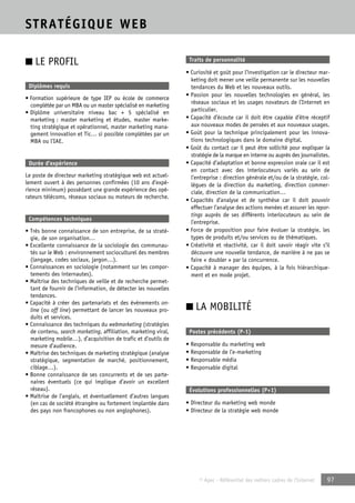 © Apec - Référentiel des métiers cadres de l’Internet 97 
STRATÉGIQUE WEB 
■ LE PROFIL 
Diplômes requis 
• Formation supérieure de type IEP ou école de commerce 
complétée par un MBA ou un master spécialisé en marketing 
• Diplôme universitaire niveau bac + 5 spécialisé en 
marketing : master marketing et études, master marke-ting 
stratégique et opérationnel, master marketing mana-gement 
innovation et Tic… si possible complétées par un 
MBA ou l’IAE. 
Durée d’expérience 
Le poste de directeur marketing stratégique web est actuel-lement 
ouvert à des personnes confirmées (10 ans d’expé-rience 
minimum) possédant une grande expérience des opé-rateurs 
télécoms, réseaux sociaux ou moteurs de recherche. 
Compétences techniques 
• Très bonne connaissance de son entreprise, de sa straté-gie, 
de son organisation… 
• Excellente connaissance de la sociologie des communau-tés 
sur le Web : environnement socioculturel des membres 
(langage, codes sociaux, jargon…). 
• Connaissances en sociologie (notamment sur les compor-tements 
des internautes). 
• Maîtrise des techniques de veille et de recherche permet-tant 
de fournir de l’information, de détecter les nouvelles 
tendances. 
• Capacité à créer des partenariats et des évènements on-line 
(ou off line) permettant de lancer les nouveaux pro-duits 
et services. 
• Connaissance des techniques du webmarketing (stratégies 
de contenu, search marketing, affiliation, marketing viral, 
marketing mobile…), d’acquisition de trafic et d’outils de 
mesure d’audience. 
• Maîtrise des techniques de marketing stratégique (analyse 
stratégique, segmentation de marché, positionnement, 
ciblage…). 
• Bonne connaissance de ses concurrents et de ses parte-naires 
éventuels (ce qui implique d’avoir un excellent 
réseau). 
• Maîtrise de l’anglais, et éventuellement d’autres langues 
(en cas de société étrangère ou fortement implantée dans 
des pays non francophones ou non anglophones). 
Traits de personnalité 
• Curiosité et goût pour l’investigation car le directeur mar-keting 
doit mener une veille permanente sur les nouvelles 
tendances du Web et les nouveaux outils. 
• Passion pour les nouvelles technologies en général, les 
réseaux sociaux et les usages novateurs de l’Internet en 
particulier. 
• Capacité d’écoute car il doit être capable d’être réceptif 
aux nouveaux modes de pensées et aux nouveaux usages. 
• Goût pour la technique principalement pour les innova-tions 
technologiques dans le domaine digital. 
• Goût du contact car il peut être sollicité pour expliquer la 
stratégie de la marque en interne ou auprès des journalistes. 
• Capacité d’adaptation et bonne expression orale car il est 
en contact avec des interlocuteurs variés au sein de 
l’entreprise : direction générale et/ou de la stratégie, col-lègues 
de la direction du marketing, direction commer-ciale, 
direction de la communication… 
• Capacités d’analyse et de synthèse car il doit pouvoir 
effectuer l’analyse des actions menées et assurer les repor-tings 
auprès de ses différents interlocuteurs au sein de 
l’entreprise. 
• Force de proposition pour faire évoluer la stratégie, les 
types de produits et/ou services ou de thématiques. 
• Créativité et réactivité, car il doit savoir réagir vite s’il 
découvre une nouvelle tendance, de manière à ne pas se 
faire « doubler » par la concurrence. 
• Capacité à manager des équipes, à la fois hiérarchique-ment 
et en mode projet. 
■ LA MOBILITÉ 
Postes précédents (P-1) 
• Responsable du marketing web 
• Responsable de l’e-marketing 
• Responsable média 
• Responsable digital 
Évolutions professionnelles (P+1) 
• Directeur du marketing web monde 
• Directeur de la stratégie web monde 
 