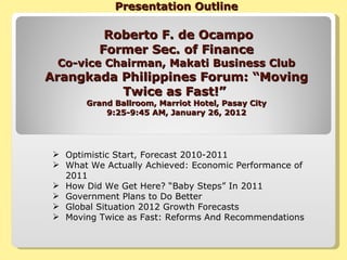 Presentation Outline   Roberto F. de Ocampo  Former Sec. of Finance  Co-vice Chairman, Makati Business Club Arangkada Philippines Forum: “Moving Twice as Fast!”  Grand Ballroom, Marriot Hotel, Pasay City 9:25-9:45 AM, January 26, 2012 ,[object Object],[object Object],[object Object],[object Object],[object Object],[object Object]