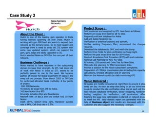 Case Study 2
Project Scope :
About the Client :
Hutch is one of the leading gsm operator in India
having licenses spanning all over India. Hutch is
working with gsm 900 band and wants to expand their
network as the demand grow. So to meet quality and
coverage there is need to swap old ZTE system with
some new updated system, which can support the
gsm, gprs, edge and easily upgraded to 3G.
Hutch selected Nokia as OEM for the core part of their
network.

Business Challenge :
Nokia wanted to have resources in the outsourcing
domain increase their strength. As GTL had done lots
of work with Nokia in India so GTL seems to be
perfectly poised to rise to the need. We became
partner of choicer for Nokia to perform RF tasks in the
swap roll out process. From March 2005 to Till Date
for performed allocated tasks creditably. A few points
of project:
GSM 900 Networks.
45 sites to be swap from ZTE to Nokia.
342 New Nokia Ultra BTS
Coverage includes cities and boundaries.
Network with 19 BSC’s and two switch AXE 10 from
Nokia.CSSR ≥94%, SDCCH Drop ≥2%, Handover success
rate ≥ 94%, Call drop rate ≤ 2.5%.

SoW conferred and accepted by GTL have been as follows:
Perform pre swap drive test for all 41 sites.
Prepared proficient database for Nokia
Add and delete Neighbor list.
Verification of antenna locations and azimuth.
Verifies existing Frequency Plan, recommend the changes
required.
Download the database to OMC and verify the dump.
Perform Drive Tests for sites verification on Swap night.
Perform the post swap drive test for all 45 sites.
Conduct Acceptance Test Procedure (ATP) with end customer.
Nominal Cell Planning for New 417 sites
RF survey, LOS survey and Drive Test for New Sites.
MW radio link planning for MW transmission links.
Provide a solution for the Hutch subscriber’s complaints.
Preparation of 2 Mbit/s transmission plan including link capacity
calculations, timeslot allocation and ET planning
Maintain the Network quality by daily monitoring KPI.

Value Delivered :
All swaps are mostly conducted at night there is around 6 sites
swap per day. As soon as swap sites bring on air our drive test
is ask to conduct the site verification drive test at each cell the
test includes database verification, sector swapping, handover
testing, neighbor list verification, call termination. After
finishing the swap now optimization is started on network level,
to meet the KPI daily statistic report are generated with the
help of Business object and results are discussed with the
customer and also suggest the necessary changes.
46

 