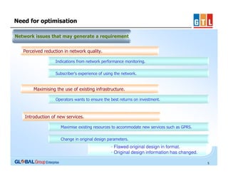 Need for optimisation
Network issues that may generate a requirement
Perceived reduction in network quality.
Indications from network performance monitoring.
Subscriber's experience of using the network.

Maximising the use of existing infrastructure.
Operators wants to ensure the best returns on investment.

Introduction of new services.
Maximise existing resources to accommodate new services such as GPRS.
Change in original design parameters.

▪ Flawed original design in format.
▪ Original design information has changed.
5

 