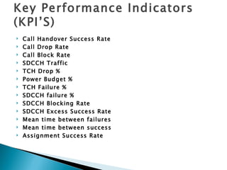 Key Performance Indicators (KPI’S) Call Handover Success Rate Call Drop Rate Call Block Rate SDCCH Traffic TCH Drop % Power Budget % TCH Failure % SDCCH failure % SDCCH Blocking Rate SDCCH Excess Success Rate Mean time between failures Mean time between success Assignment Success Rate 