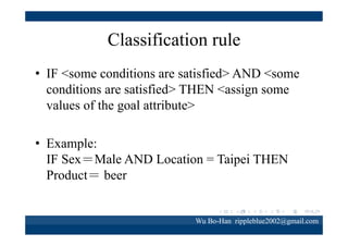 Classification rule
• Traditional mining techniques mostly focus on
accuracy and usually generate lots of rules that
are hard to choose meaningful ones from.
• In order to select optimally meaningful rules,
accuracy, comprehensibility and interestingness
are employed as three objectives.

Wu Bo-Han rippleblue2002@gmail.com

 
