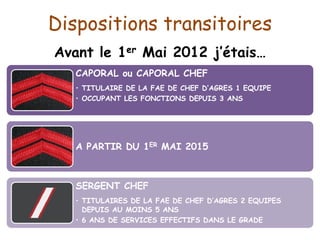 Dispositions transitoires
Avant le 1er Mai 2012 j’étais…
CAPORAL ou CAPORAL CHEF
• TITULAIRE DE LA FAE DE CHEF D’AGRES 1 EQUIPE
• OCCUPANT LES FONCTIONS DEPUIS 3 ANS
A PARTIR DU 1ER MAI 2015
SERGENT CHEF
• TITULAIRES DE LA FAE DE CHEF D’AGRES 2 EQUIPES
DEPUIS AU MOINS 5 ANS
• 6 ANS DE SERVICES EFFECTIFS DANS LE GRADE
 