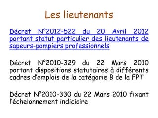 Décret N°2012-522 du 20 Avril 2012
portant statut particulier des lieutenants de
sapeurs-pompiers professionnels
Décret N°2010-329 du 22 Mars 2010
portant dispositions statutaires à différents
cadres d’emplois de la catégorie B de la FPT
Décret N°2010-330 du 22 Mars 2010 fixant
l’échelonnement indiciaire
Les lieutenants
 