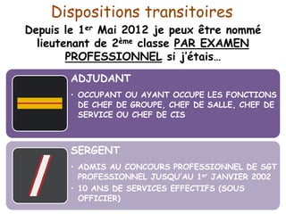 Dispositions transitoires
Depuis le 1er Mai 2012 je peux être nommé
lieutenant de 2ème classe PAR EXAMEN
PROFESSIONNEL si j’étais…
ADJUDANT
• OCCUPANT OU AYANT OCCUPE LES FONCTIONS
DE CHEF DE GROUPE, CHEF DE SALLE, CHEF DE
SERVICE OU CHEF DE CIS
SERGENT
• ADMIS AU CONCOURS PROFESSIONNEL DE SGT
PROFESSIONNEL JUSQU’AU 1er JANVIER 2002
• 10 ANS DE SERVICES EFFECTIFS (SOUS
OFFICIER)
 