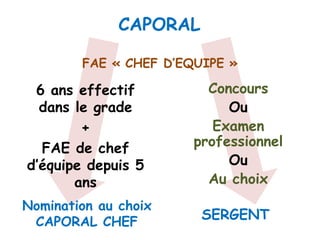 CAPORAL
6 ans effectif
dans le grade
+
FAE de chef
d’équipe depuis 5
ans
Concours
Ou
Examen
professionnel
Ou
Au choix
FAE « CHEF D’EQUIPE »
Nomination au choix
CAPORAL CHEF
SERGENT
 