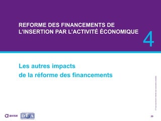 ©Toutereproductioninterditesansautorisationpréalable
REFORME DES FINANCEMENTS DE
L’INSERTION PAR L’ACTIVITÉ ÉCONOMIQUE
Les autres impacts
de la réforme des financements
20
4
 