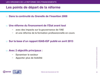 ©Toutereproductioninterditesansautorisationpréalable
o Dans la continuité du Grenelle de l’Insertion 2008
o Une réforme du financement de l’Etat avant tout
− avec des impacts sur la gouvernance de l’IAE
− et une réforme de la formation professionnelle en cours
o Sur la base d’un rapport IGAS-IGF publié en avril 2013
o Avec 2 objectifs principaux :
− Dynamiser le secteur
− Apporter plus de lisibilité
4
Les points de départ de la réforme
LES ORIGINES DE LA REFORME DES FINANCEMENTS
Réforme des financements de l’IAE
 