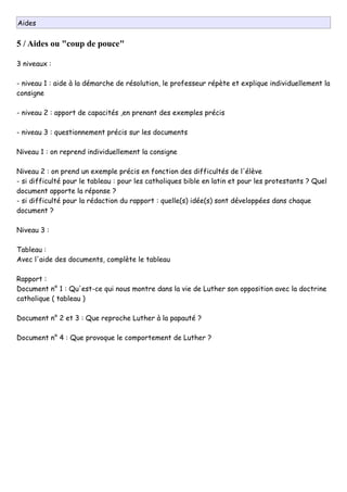 Aides
5 / Aides ou "coup de pouce"
3 niveaux :
- niveau 1 : aide à la démarche de résolution, le professeur répète et explique individuellement la
consigne
- niveau 2 : apport de capacités ,en prenant des exemples précis
- niveau 3 : questionnement précis sur les documents
Niveau 1 : on reprend individuellement la consigne
Niveau 2 : on prend un exemple précis en fonction des difficultés de l'élève
- si difficulté pour le tableau : pour les catholiques bible en latin et pour les protestants ? Quel
document apporte la réponse ?
- si difficulté pour la rédaction du rapport : quelle(s) idée(s) sont développées dans chaque
document ?
Niveau 3 :
Tableau :
Avec l'aide des documents, complète le tableau
Rapport :
Document n° 1 : Qu'est-ce qui nous montre dans la vie de Luther son opposition avec la doctrine
catholique ( tableau )
Document n° 2 et 3 : Que reproche Luther à la papauté ?
Document n° 4 : Que provoque le comportement de Luther ?
 