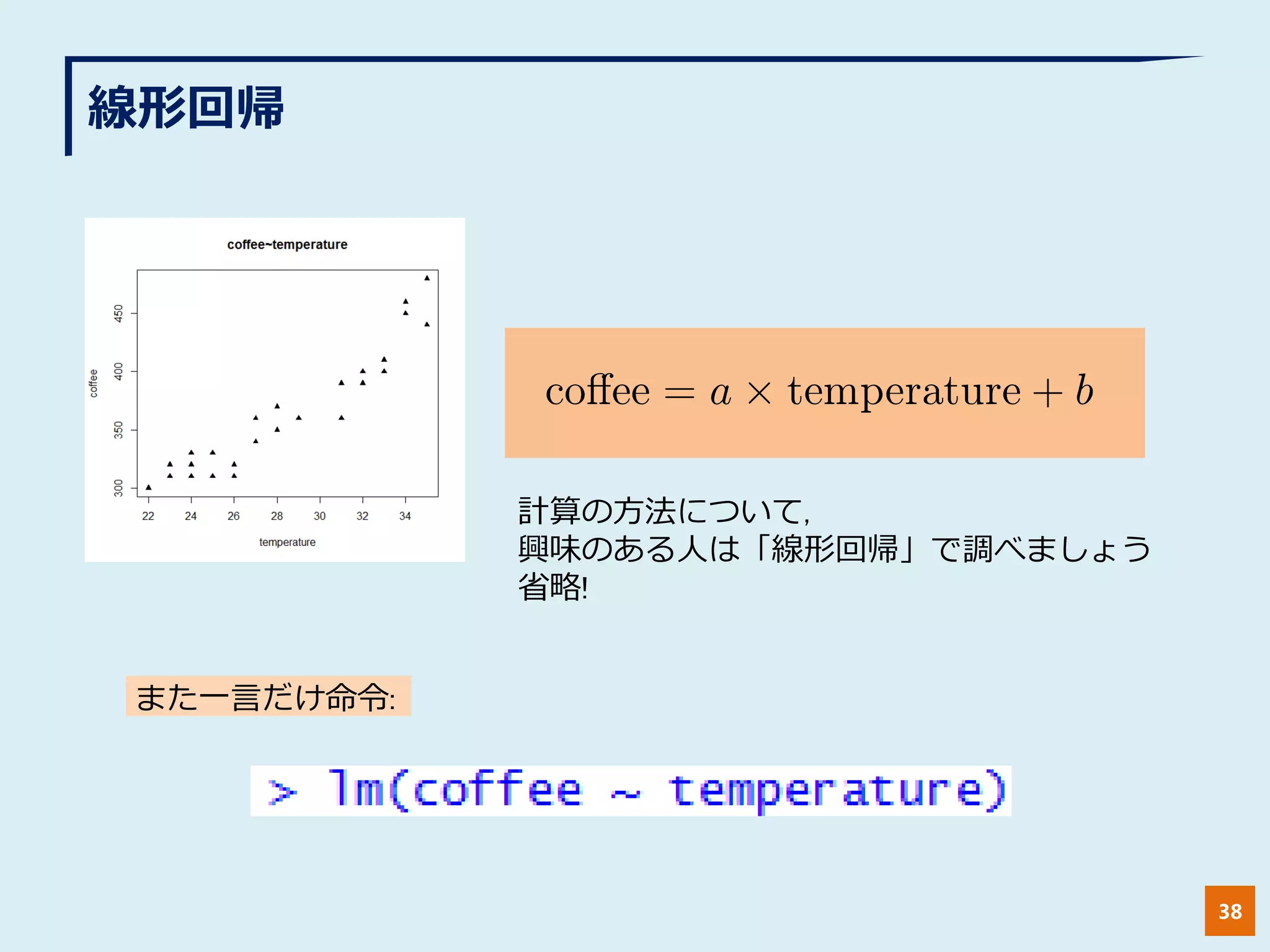 線形回帰
38
≣≯⊮≥≥∽≡⊣≴≥≭≰≥≲≡≴≵≲≥∫≢
計算の方法について,
興味のある人は「線形回帰」で調べましょう
省略!
また一言だけ命令:
 