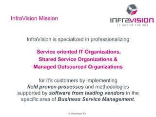 © InfraVision BV© InfraVision BV
InfraVision is specialized in professionalizing
Service oriented IT Organizations,
Shared Service Organizations &
Managed Outsourced Organizations
for it’s customers by implementing
field proven processes and methodologies
supported by software from leading vendors in the
specific area of Business Service Management.
InfraVision Mission
 