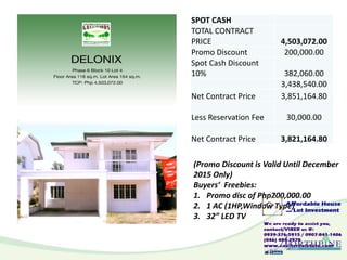 (Promo Discount is Valid Until December
2015 Only)
Buyers’ Freebies:
1. Promo disc of Php200,000.00
2. 1 AC (1HP,Window Type)
3. 32” LED TV
SPOT CASH
TOTAL CONTRACT
PRICE 4,503,072.00
Promo Discount 200,000.00
Spot Cash Discount
10% 382,060.00
3,438,540.00
Net Contract Price 3,851,164.80
Less Reservation Fee 30,000.00
Net Contract Price 3,821,164.80
 