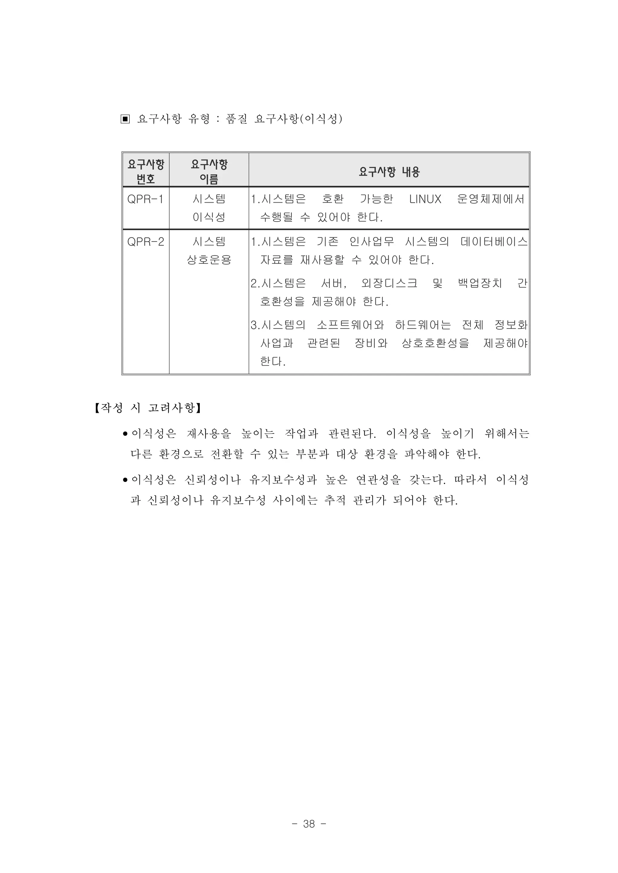 ▣ 요구사항 유형 : 품질 요구사항(이식성)
   요구사항    요구사항
                                  요구사항 내용
    번호      이름
   QPR-1   시스템    1.시스템은     호환   가능한   LINUX   운영체제에서
           이식성    수행될 수 있어야 한다.

   QPR-2   시스템    1.시스템은 기존 인사업무 시스템의 데이터베이스
           상호운용   자료를 재사용할 수 있어야 한다.

                  2.시스템은    서버,   외장디스크     및   백업장치   간
                  호환성을 제공해야 한다.

                  3.시스템의 소프트웨어와 하드웨어는 전체 정보화
                  사업과      관련된    장비와   상호호환성을    제공해야
                  한다.



【작성 시 고려사항】

  •이식성은 재사용을 높이는 작업과 관련된다. 이식성을 높이기 위해서는
   다른 환경으로 전환할 수 있는 부분과 대상 환경을 파악해야 한다.
  •이식성은 신뢰성이나 유지보수성과 높은 연관성을 갖는다. 따라서 이식성
   과 신뢰성이나 유지보수성 사이에는 추적 관리가 되어야 한다.




                        - 38 -
 