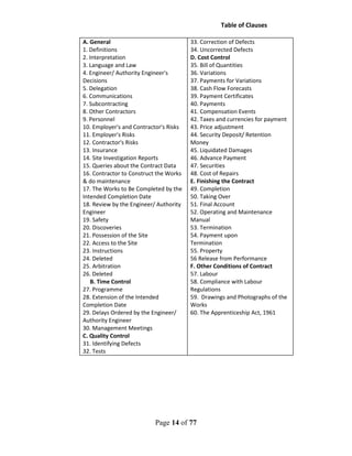 Page 14 of 77
Table of Clauses
A. General
1. Definitions
2. Interpretation
3. Language and Law
4. Engineer/ Authority Engineer's
Decisions
5. Delegation
6. Communications
7. Subcontracting
8. Other Contractors
9. Personnel
10. Employer's and Contractor's Risks
11. Employer's Risks
12. Contractor's Risks
13. Insurance
14. Site Investigation Reports
15. Queries about the Contract Data
16. Contractor to Construct the Works
& do maintenance
17. The Works to Be Completed by the
Intended Completion Date
18. Review by the Engineer/ Authority
Engineer
19. Safety
20. Discoveries
21. Possession of the Site
22. Access to the Site
23. Instructions
24. Deleted
25. Arbitration
26. Deleted
B. Time Control
27. Programme
28. Extension of the Intended
Completion Date
29. Delays Ordered by the Engineer/
Authority Engineer
30. Management Meetings
C. Quality Control
31. Identifying Defects
32. Tests
33. Correction of Defects
34. Uncorrected Defects
D. Cost Control
35. Bill of Quantities
36. Variations
37. Payments for Variations
38. Cash Flow Forecasts
39. Payment Certificates
40. Payments
41. Compensation Events
42. Taxes and currencies for payment
43. Price adjustment
44. Security Deposit/ Retention
Money
45. Liquidated Damages
46. Advance Payment
47. Securities
48. Cost of Repairs
E. Finishing the Contract
49. Completion
50. Taking Over
51. Final Account
52. Operating and Maintenance
Manual
53. Termination
54. Payment upon
Termination
55. Property
56 Release from Performance
F. Other Conditions of Contract
57. Labour
58. Compliance with Labour
Regulations
59. Drawings and Photographs of the
Works
60. The Apprenticeship Act, 1961
 