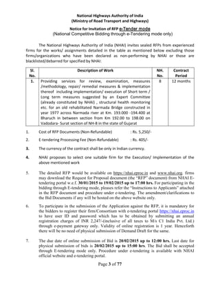 Page 3 of 77
National Highways Authority of India
(Ministry of Road Transport and Highways)
Notice for Invitation of RFP e-Tender mode
(National Competitive Bidding through e-Tendering mode only)
The National Highways Authority of India (NHAI) invites sealed RFPs from experienced
firms for the works/ assignments detailed in the table as mentioned below excluding those
firms/organizations who have been declared as non-performing by NHAI or those are
blacklisted/debarred for specified by NHAI:
Sl.
No.
Description of Work NH.
No.
Contract
Period
1. Providing services for review, examination, measures
/methodology, repair/ remedial measures & implementation
thereof including implementation/ execution of Short term /
Long term measures suggested by an Expert Committee
(already constituted by NHAI) , structural health monitoring
etc. for an old rehabilitated Narmada Bridge constructed in
year 1977 across Narmada river at Km. 193.000 -194.400 at
Bharuch in between section from Km 192.00 to 198.00 on
Vadodara- Surat section of NH-8 in the state of Gujarat
8 12 months
1. Cost of RFP Documents (Non-Refundable) : Rs. 5,250/-
2. E-tendering Processing Fee (Non-Refundable) : Rs. 405/-
3. The currency of the contract shall be only in Indian currency.
4. NHAI proposes to select one suitable firm for the Execution/ Implementation of the
above mentioned work
5. The detailed RFP would be available on https://nhai.eproc.in and www.nhai.org. firms
may download the Request for Proposal document (the “RFP” document) from NHAI E-
tendering portal w.e.f. 30/01/2015 to 19/02/2015 up to 17:00 hrs. For participating in the
bidding through E-tendering mode, pleases refer the “Instructions to Applicants” attached
in the RFP document and procedure under e-tendering. The amendment/clarifications to
the Bid Documents if any will be hosted on the above website only.
6. To participate in the submission of the Application against the RFP, it is mandatory for
the bidders to register their firm/Consortium with e-tendering portal https://nhai.eproc.in
to have user ID and password which has to be obtained by submitting an annual
registration charges of INR 2,247/-(inclusive of all taxes to M/s C1 India Pvt. Ltd.)
through e-payment gateway only. Validity of online registration is 1 year. Henceforth
there will be no need of physical submission of Demand Draft for the same.
7. The due date of online submission of Bid is 20/02/2015 up to 12:00 hrs. Last date for
physical submission of bids is 20/02/2015 up to 15:00 hrs. The Bid shall be accepted
through E-tendering mode only. Procedure under e-tendering is available with NHAI
official website and e-tendering portal.
 