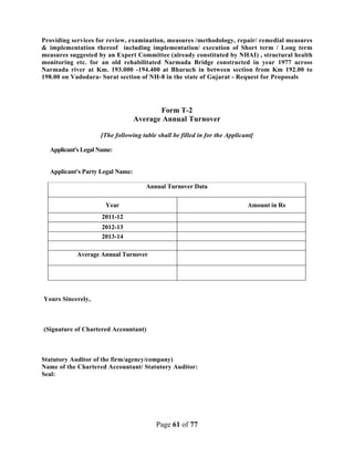 Page 61 of 77
Providing services for review, examination, measures /methodology, repair/ remedial measures
& implementation thereof including implementation/ execution of Short term / Long term
measures suggested by an Expert Committee (already constituted by NHAI) , structural health
monitoring etc. for an old rehabilitated Narmada Bridge constructed in year 1977 across
Narmada river at Km. 193.000 -194.400 at Bharuch in between section from Km 192.00 to
198.00 on Vadodara- Surat section of NH-8 in the state of Gujarat - Request for Proposals
Form T-2
Average Annual Turnover
[The following table shall be filled in for the Applicant]
Applicant's Legal Name:
Applicant's Party Legal Name:
Annual Turnover Data
Year Amount in Rs
2011-12
2012-13
2013-14
Average Annual Turnover
Yours Sincerely,
(Signature of Chartered Accountant)
Statutory Auditor of the firm/agency/company)
Name of the Chartered Accountant/ Statutory Auditor:
Seal:
 