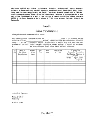 Page 62 of 77
Providing services for review, examination, measures /methodology, repair/ remedial
measures & implementation thereof including implementation/ execution of Short term /
Long term measures suggested by an Expert Committee (already constituted by NHAI) ,
structural health monitoring etc. for an old rehabilitated Narmada Bridge constructed in year
1977 across Narmada river at Km. 193.000 -194.400 at Bharuch in between section from Km
192.00 to 198.00 on Vadodara- Surat section of NH-8 in the state of Gujarat - Request for
Proposals
Form T-3
Similar Work Experience
Work performed on works of a similar nature:
We hereby declare and confirm that we, _______________(Name of the Bidder), having
registered office at ___________________(address) have successfully executed contracts of similar
nature i.e. Review, Examination, Repairs, Rehabilitation of Bridge structures and associated
services etc. We certify that we had executed similar works/ contracts of costing not less than
Rs._____________. We are providing the details below: (Note: add rows as required).
SI.
No
Name of
The Client
Organization
Project /
Work
Value
Start
Date
End
Date
Brief Scope
of Work
Whether The
Successful Completion
Certificate as Required is
Attached
Yes/ No Pg no. on the
proposal
Authorized Signature:
Name & Title of
Signatory:
Name of Bidder
 