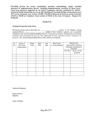 Page 63 of 77
Providing services for review, examination, measures /methodology, repair/ remedial
measures & implementation thereof including implementation/ execution of Short term /
Long term measures suggested by an Expert Committee (already constituted by NHAI) ,
structural health monitoring etc. for an old rehabilitated Narmada Bridge constructed in year
1977 across Narmada river at Km. 193.000 -194.400 at Bharuch in between section from Km
192.00 to 198.00 on Vadodara- Surat section of NH-8 in the state of Gujarat - Request for
Proposals
Form T-4
Technical Expertise of the Firm
We hereby declare and confirm that we, ______________________(Name of the Bidder), having
registered office at ____________________________ (address) have technical expertise and successfully
completed works/ services /projects regarding Review, Examination, Repairs, Rehabilitation of Bridge
structures and associated services etc. We certify that we had executed similar contracts of
projects. We are providing the details below: (Note: add rows as required).
SI.
No
Name of
The Client
Organization
Project
Value
Start
Date
End
Date
Brief Scope
of Work attached
Whether The
Successful Completion
Certificate as Required is
Attached
Yes/ No Pg no. on the
proposal
Authorized Signature:
Name & Title of
Signatory:
Name of Bidder
 
