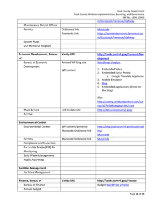 Cook County Government
Cook County Website Implementation, Branding, and Governance
RFP No. 1390-13069

m/il/co/cook/revenue/highway
Maintenance District Offices
Permits

Ordinance link
Payments Link

Municode
https://paymentsolutions.lexisnexis.co
m/il/co/cook/revenue/highway

Vanity URL

http://cookcountyil.gov/EconomicDev
elopment
WordPress Version:

System Maps
DUI Memorial Program
Economic Development, Bureau
of
Bureau of Economic
Development

Related WP blog site
WP content

Maps & Data
Archive
Environmental Control
Environmental Control

Permits
Compliance and Inspection
Particulate Matter(PM) Air
Monitoring
Solid Waste Management
Public Awareness

Link to data site

WP content/presence
Municode Ordinance link
Municode Ordinance link

1. Embedded Video
2. Embedded Social Media:
a. Google Translate Appliance
3. Mobile Emulator
4. Blog
5. Embedded applications (listed on
the blog)
Also:
http://survey.constantcontact.com/sur
vey/a07e4zt4hxqgtcyt3th/start
http://data.cookcountyil.gov/

http://blog.cookcountyil.gov/sustainabi
lity/
Municode
Municode

Facilities Management
Facilities Management
Finance, Bureau of
Bureau of Finance
Annual Budget

Vanity URL

http://cookcountyil.gov/Finance
Budget WordPress Version
Page 12 of 55

 