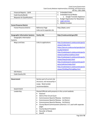 Cook County Government
Cook County Website Implementation, Branding, and Governance
RFP No. 1390-13069

Financial Reports - CAFR
Cook County Bonds
Requests for Qualifications

Forest Preserve District
Forest Preserve District

Geographic Information Systems
Geographic Information
Systems
Maps and Data

1. Embedded Video
2. Embedded Social Media:
a. Google Translate Appliance
3. Budget Registration for Newsletter
4. Login services
5. Mobile Emulator
Reference Page
Links out to separate site

http://fpdcc.com/

Vanity URL

http://cookcountyil.gov/GIS

Links to applications

http://cookviewer1.cookcountyil.gov/js
viewer/index.html
https://secure.cookcountyil.gov/gis/ind
ex.php?cPath=0
http://cookviewer1.cookcountyil.gov/js
viewer/cookFac/cookFac2.html
http://cookviewer1.cookcountyil.gov/js
viewer/hwy/project.html
http://cookviewer2.cookcountyil.gov/h
wyJurisdiction/index.html
http://cookviewer1.cookcountyil.gov/js
viewer/fishMap/fishingMap.html

GIS History
Cook County GIS
Government

Government
Leadership

Section part of current site
structure, not necessarily in
scope. Need vendor
recommendation.
Elected Officials with presence in the current website:
 Assessor
 Clerk of the Circuit Court
 Commissioner Board of Review - 2nd District
 Commissioner Board of Review - 1st District
 Commissioner Board of Review - 3rd District
 County Board Commissioners (Districts 1-17, each with separate
page)
 County Board President
 Recorder of Deeds
 Sheriff
Page 13 of 55

 