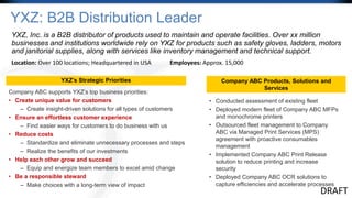 CSX Transportation Background
YXZ, Inc. is a B2B distributor of products used to maintain and operate facilities. Over xx million
businesses and institutions worldwide rely on YXZ for products such as safety gloves, ladders, motors
and janitorial supplies, along with services like inventory management and technical support.
YXZ’s Strategic Priorities
DRAFT
Company ABC supports YXZ’s top business priorities:
• Create unique value for customers
– Create insight-driven solutions for all types of customers
• Ensure an effortless customer experience
– Find easier ways for customers to do business with us
• Reduce costs
– Standardize and eliminate unnecessary processes and steps
– Realize the benefits of our investments
• Help each other grow and succeed
– Equip and energize team members to excel amid change
• Be a responsible steward
– Make choices with a long-term view of impact
• Conducted assessment of existing fleet
• Deployed modern fleet of Company ABC MFPs
and monochrome printers
• Outsourced fleet management to Company
ABC via Managed Print Services (MPS)
agreement with proactive consumables
management
• Implemented Company ABC Print Release
solution to reduce printing and increase
security
• Deployed Company ABC OCR solutions to
capture efficiencies and accelerate processes
Company ABC Products, Solutions and
Services
YXZ: B2B Distribution Leader
Location: Over 100 locations; Headquartered in USA Employees: Approx. 15,000
 