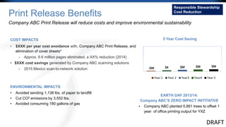 Print Release Benefits
COST IMPACTS
• $XXK per year cost avoidance with, Company ABC Print Release, and
elimination of cover sheets*
- Approx. 6.6 million pages eliminated, a XX% reduction (2014)
• $XXK cost savings generated by Company ABC scanning solutions
- 2015 Mexico scan-to-network solution
Responsible Stewardship
Cost Reduction
5 Year Cost Saving
EARTH DAY 2013/14:
Company ABC’S ZERO IMPACT INITITATIVE
• Company ABC planted 5,881 trees to offset 1
year of office printing output for YXZ
DRAFT
Company ABC Print Release will reduce costs and improve environmental sustainability
ENVIRONMENTAL IMPACTS
• Avoided sending 1,138 lbs. of paper to landfill
• Cut CO2 emissions by 3,552 lbs.
• Avoided consuming 180 gallons of gas
-$M $K $M $M $M
Year 1 Year 2 Year3 Year4 Year 5
 