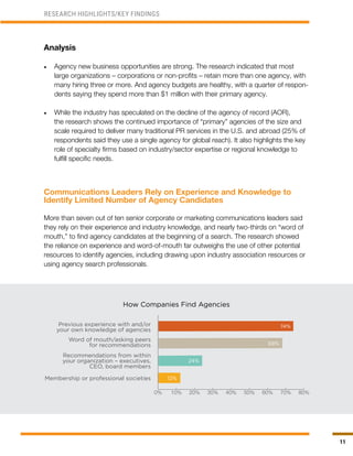 11
RESEARCH HIGHLIGHTS/KEY FINDINGS
How Companies Find Agencies
Previous experience with and/or
your own knowledge of agencies
Membership or professional societies
Recommendations from within
your organization – executives,
CEO, board members
Word of mouth/asking peers
for recommendations
74%
68%
24%
12%
Analysis
•	 Agency new business opportunities are strong. The research indicated that most
large organizations – corporations or non-profits – retain more than one agency, with
many hiring three or more. And agency budgets are healthy, with a quarter of respon-
dents saying they spend more than $1 million with their primary agency.
•	 While the industry has speculated on the decline of the agency of record (AOR),
the research shows the continued importance of “primary” agencies of the size and
scale required to deliver many traditional PR services in the U.S. and abroad (25% of
respondents said they use a single agency for global reach). It also highlights the key
role of specialty firms based on industry/sector expertise or regional knowledge to
fulfill specific needs.
Communications Leaders Rely on Experience and Knowledge to
Identify Limited Number of Agency Candidates
More than seven out of ten senior corporate or marketing communications leaders said
they rely on their experience and industry knowledge, and nearly two-thirds on “word of
mouth,” to find agency candidates at the beginning of a search. The research showed
the reliance on experience and word-of-mouth far outweighs the use of other potential
resources to identify agencies, including drawing upon industry association resources or
using agency search professionals.
 