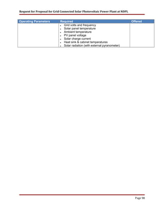 Request for Proposal for Grid Connected Solar Photovoltaic Power Plant at NDPL
Operating Parameters Required Offered
 Grid volts and frequency
 Solar panel temperature
 Ambient temperature
 PV panel voltage
 Solar charge current
 Heat sink & cabinet temperatures
 Solar radiation (with external pyranometer)
Page 98
 