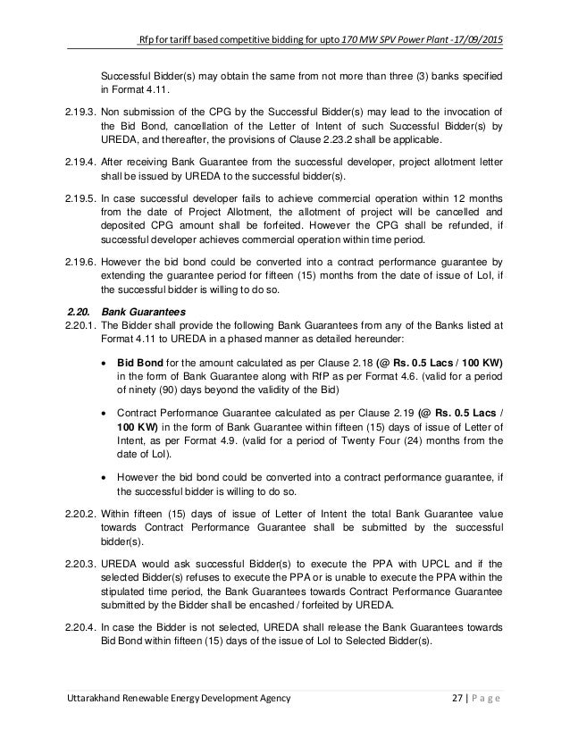 rfp for tariff based competitive bidding for upto 170 mw solar power