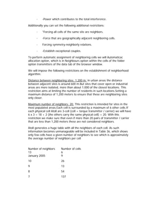 ·   -Power which contributes to the total interference.

Additionally you can set the following additional restrictions:

       ·   "Forcing all cells of the same site are neighbors.

       ·   -Force that are geographically adjacent neighboring cells.

       ·   Forcing symmetry-neighborly relations.

       ·   -Establish exceptional couples.

To perform automatic assignment of neighboring cells we will Automaticac
allocation option, which is in Neighbours option within the cells of the folder
option transmitters of the data tab of the browser window.

We will impose the following restrictions on the establishment of neighborhood
algorithm:

Distance between neighboring sites: 1,200 m: in urban areas the distance
between adjacent sites is around 600 m.But sites that cover open or industrial
areas are more isolated, more than about 1,000 of the closest locations. This
restriction aims at limiting the number of residents in such locations.Setting a
maximum distance of 1,200 meters to ensure that these are neighboring sites
only closer.

Maximum number of neighbors: 20: This restriction is intended for sites in the
most populated areas.Each cell is surrounded by a maximum of 6 other cells.If
each physical cell Atoll are 3-cell (cell = torque transmitter / carrier) we will have
6 x 3 = 18 + 2 (the others carry the same physical cell) = 20. With this
restriction we make sure that even if more than 20 pairs of transmitter / carrier
that are less than 1,200 meters these are not considered neighbors.

Atoll generates a huge table with all the neighbors of each cell. As such
information becomes unmanageable will be included in Table 36, which shows
only few cells have a given number of neighbors to see which is approximately
the average number of neighbors per cell


Number of neighbors        Number of cells
13                         6
January 2005               9
10                         26
9                          13
8                          54
7                          137
 