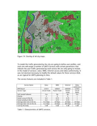 Figure 14: Overlay of all city maps.



To model the traffic generated by the city are going to define user profiles, and
each one will assign a number of UMTS services with certain parameters that
indicate the user traffic generated by each service.We are only going to include
in the model of services: voice, MMS, Internet access and video conferencing. It
was not deemed necessary to modify the default values for these services Atoll,
as are typical for UMTS planning in cities.

The service features are included in Table 1.


         Service Name              Voice           MMS        Internet     Video
                                                                         conference
R99 Bearer                         LCD12          UDD64       UDD384       LCD64
Service Type                    Circuit mode    Packet mode     Packet     Circuit
                                                                mode       Mode
Soft handoff allowed                Yes             No            No        Yes
Priority                             2               0             0          1
Factor activity in the UL           0,4            0,75          0,75         1
Factor activity in the DL           0,4            0,75          0,75         1
Average date rate in the UL      12.2 kbps        64 kbps      64 kbps    64 kbps
Average date rate on the DL      12.2 kbps        64 kbps     384 kbps    64 kbps
Lost by the body                   3 dB            0 dB          0 dB       0 dB

Table 1: Characteristics of UMTS services.
 