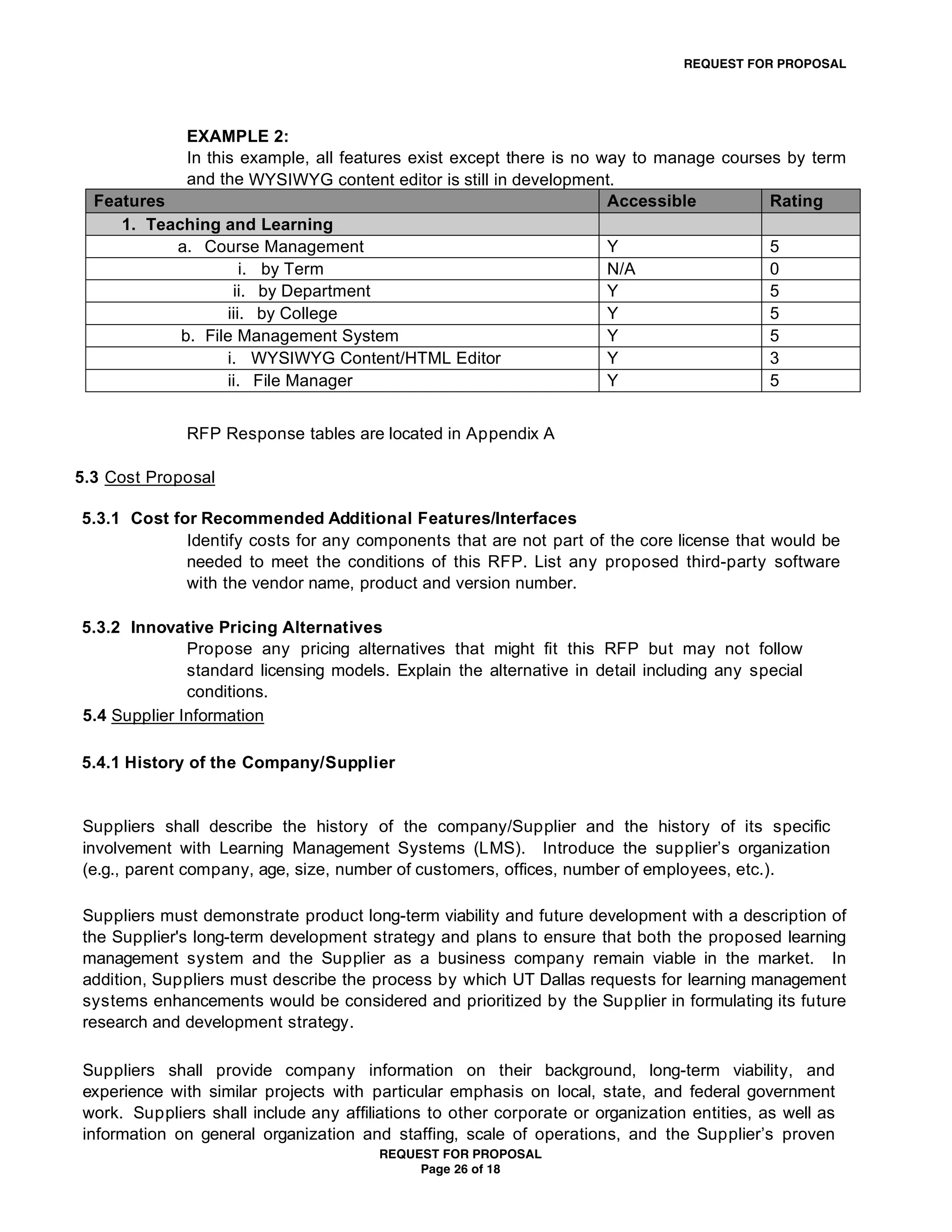 REQUEST FOR PROPOSAL




             EXAMPLE 2:
             In this example, all features exist except there is no way to manage courses by term
             and the WYSIWYG content editor is still in development.
  Features                                                           Accessible         Rating
     1. Teaching and Learning
           a. Course Management                                      Y                  5
                      i. by Term                                     N/A                0
                    ii. by Department                                Y                  5
                   iii. by College                                   Y                  5
            b. File Management System                                Y                  5
                   i. WYSIWYG Content/HTML Editor                    Y                  3
                   ii. File Manager                                  Y                  5


              RFP Response tables are located in Appendix A

5.3 Cost Proposal

5.3.1 Cost for Recommended Additional Features/Interfaces
             Identify costs for any components that are not part of the core license that would be
             needed to meet the conditions of this RFP. List any proposed third-party software
             with the vendor name, product and version number.

5.3.2 Innovative Pricing Alternatives
              Propose any pricing alternatives that might fit this RFP but may not follow
              standard licensing models. Explain the alternative in detail including any special
              conditions.
5.4 Supplier Information

5.4.1 History of the Company/Supplier


Suppliers shall describe the history of the company/Supplier and the history of its specific
involvement with Learning Management Systems (LMS). Introduce the supplier’s organization
(e.g., parent company, age, size, number of customers, offices, number of employees, etc.).

Suppliers must demonstrate product long-term viability and future development with a description of
the Supplier's long-term development strategy and plans to ensure that both the proposed learning
management system and the Supplier as a business company remain viable in the market. In
addition, Suppliers must describe the process by which UT Dallas requests for learning management
systems enhancements would be considered and prioritized by the Supplier in formulating its future
research and development strategy.

Suppliers shall provide company information on their background, long-term viability, and
experience with similar projects with particular emphasis on local, state, and federal government
work. Suppliers shall include any affiliations to other corporate or organization entities, as well as
information on general organization and staffing, scale of operations, and the Supplier’s proven
                                        REQUEST FOR PROPOSAL
                                             Page 26 of 18
 