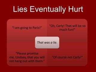 Lies Eventually Hurt
“I am going to Paris!”
“Oh, Carly! That will be so
much fun!”
“Please promise
me, Lindsey, that you will
not hang out with them.”
“Of course not Carly!”
That was a lie.
 