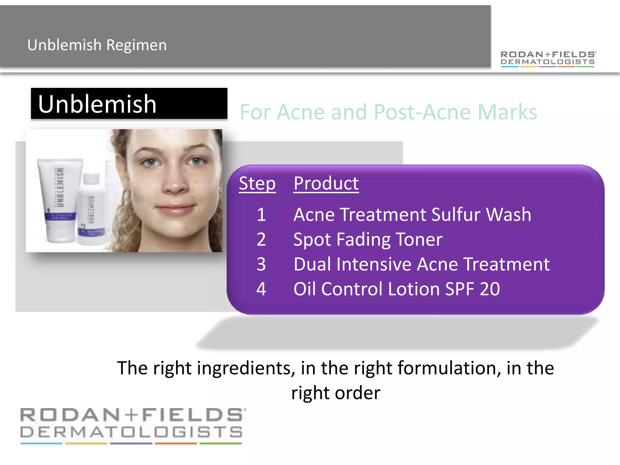 Unblemish Regimen


 Unblemish               For Acne and Post-Acne Marks

                         Step Product
                           1    Acne Treatment Sulfur Wash
                           2    Spot Fading Toner
                           3    Dual Intensive Acne Treatment
                           4    Oil Control Lotion SPF 20


          The right ingredients, in the right formulation, in the
                               right order
 