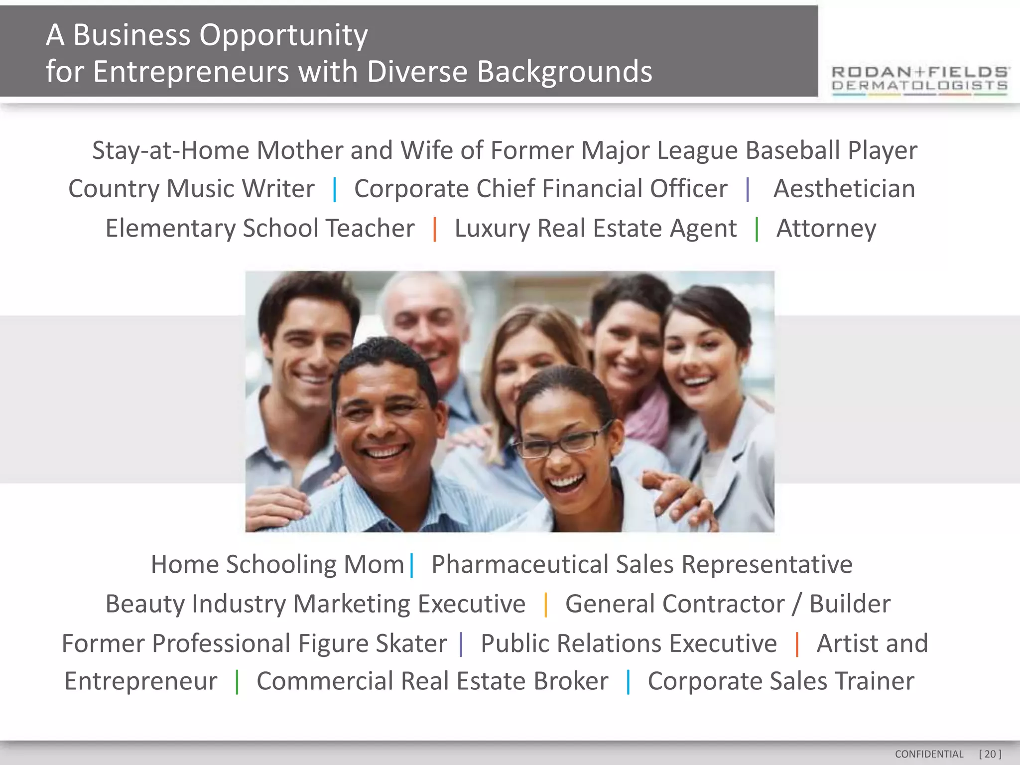 A Business Opportunity
for Entrepreneurs with Diverse Backgrounds

   Stay-at-Home Mother and Wife of Former Major League Baseball Player
 Country Music Writer | Corporate Chief Financial Officer | Aesthetician
    Elementary School Teacher | Luxury Real Estate Agent | Attorney




        Home Schooling Mom| Pharmaceutical Sales Representative
    Beauty Industry Marketing Executive | General Contractor / Builder
 Former Professional Figure Skater | Public Relations Executive | Artist and
 Entrepreneur | Commercial Real Estate Broker | Corporate Sales Trainer

                                                                         CONFIDENTIAL   [ 20 ]
 